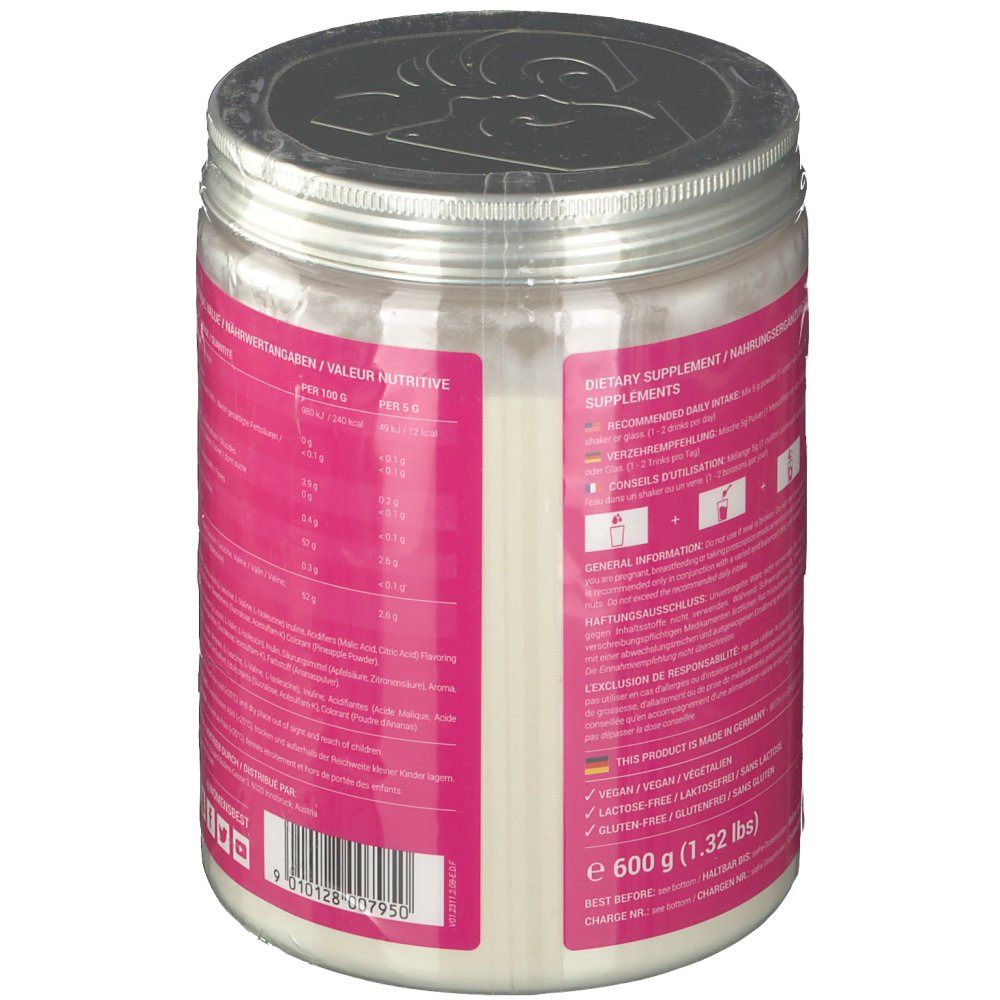 Rückseite der rosa Dose. Nährwertangaben, Inhaltsstoffe, Lagerungshinweise. Vegan, laktosefrei, glutenfrei. 600 g.