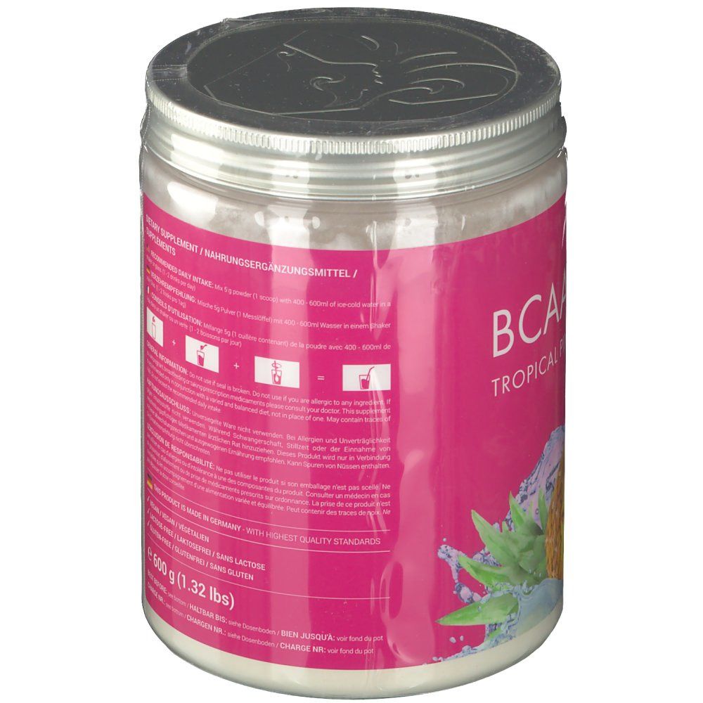 Rosa Dose mit "BCAA AMINO Tropische Ananas". Nährwertangaben, Inhaltsstoffe, Lagerungshinweise. 600 g (1.32 lbs).