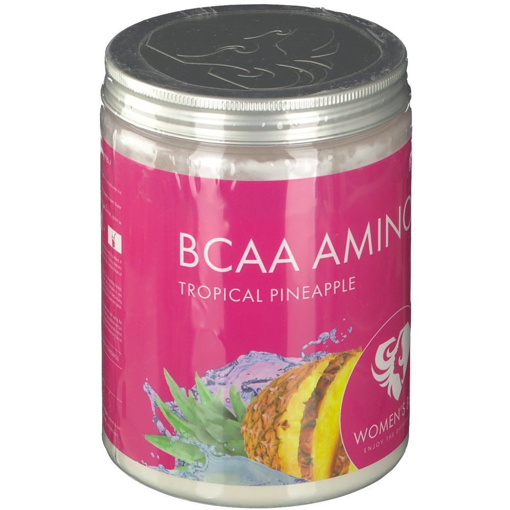 Rosa Dose mit "BCAA AMINO Tropische Ananas". Logo von Women's Best. Ananas-Illustration.