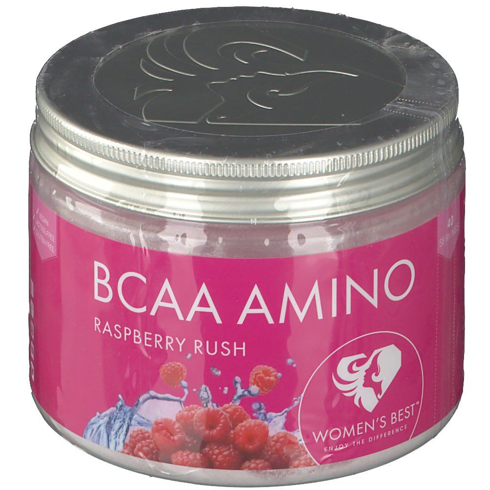 BCAA Amino-Nahrungsergänzungsmittel. Rosa Dose mit Himbeeren und Wasser. Aufschrift: BCAA Amino, Raspberry Rush, Women's Best Logo.