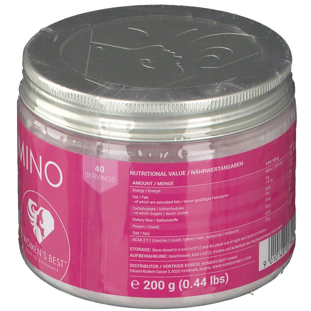 BCAA Amino-Dose. Rosa Etikett mit Nährwertangaben und Inhaltsstoffen. Aufschrift: 40 Portionen, Women's Best Logo, e 200 g.