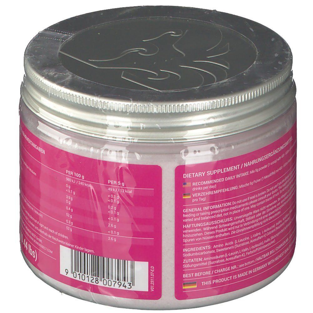 BCAA Amino-Dose. Rückseite mit Nährwertangaben und Inhaltsstoffen. Aufschrift: Per 100g, Per 5g, Dietary Supplement, Made in Germany.