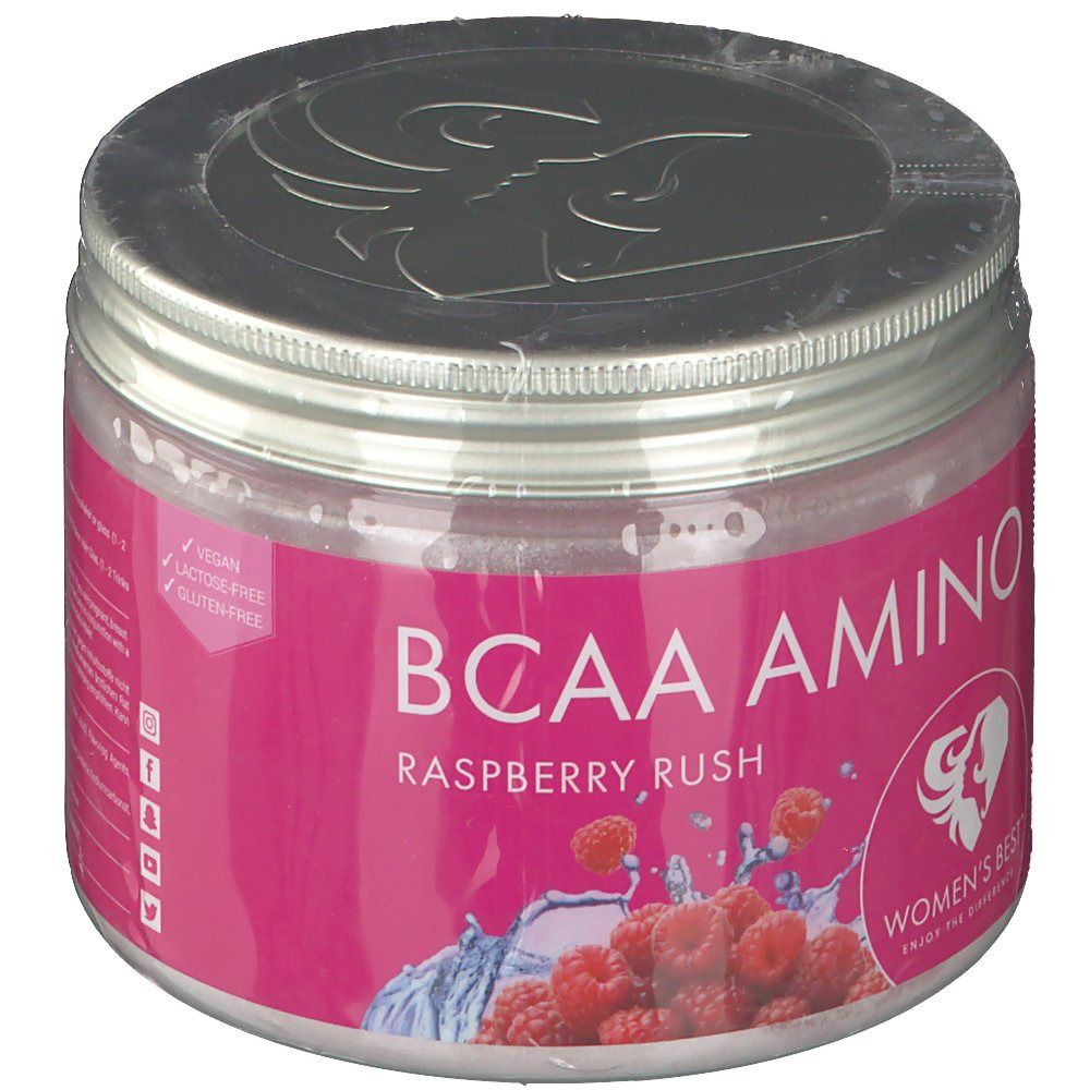 BCAA Amino-Dose. Rosa Etikett mit Himbeeren und Wasser. Aufschrift: BCAA Amino, Raspberry Rush, Women's Best Logo, Vegan, Gluten-Free.
