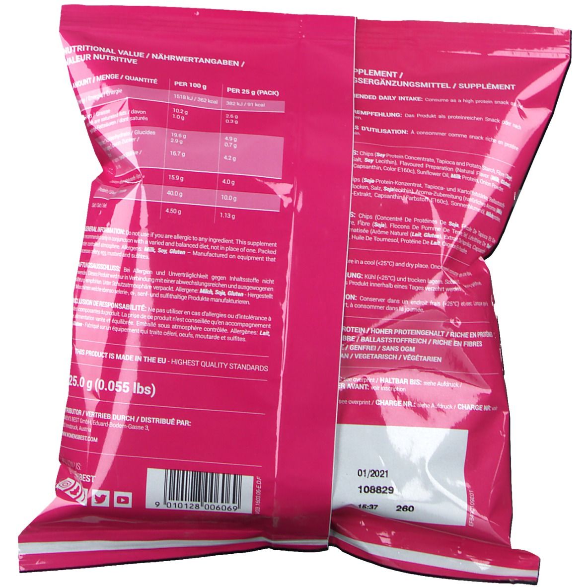 Rosa Verpackung mit Nährwertangaben und Text. Enthält Informationen zu Inhaltsstoffen und Haltbarkeitsdatum. Gewicht: 25,0 g.