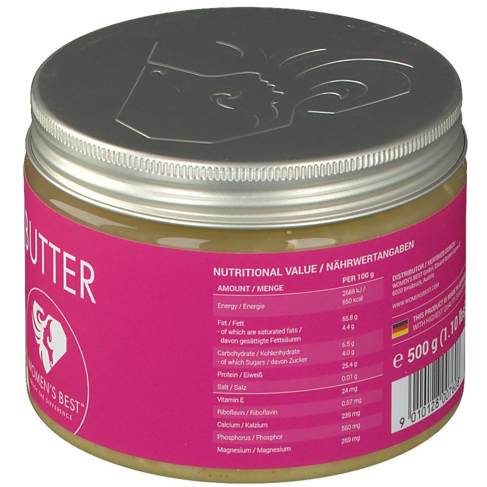 Rückseite des Mandelbutterglases. Rosa Etikett mit Nährwertangaben. Logo Women's Best. Barcode und Informationen.