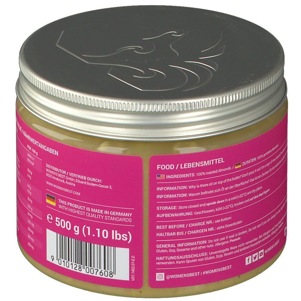 Rückseite des Mandelbutterglases. Rosa Etikett mit Zutaten und Informationen. Logo Women's Best. Barcode und Informationen.