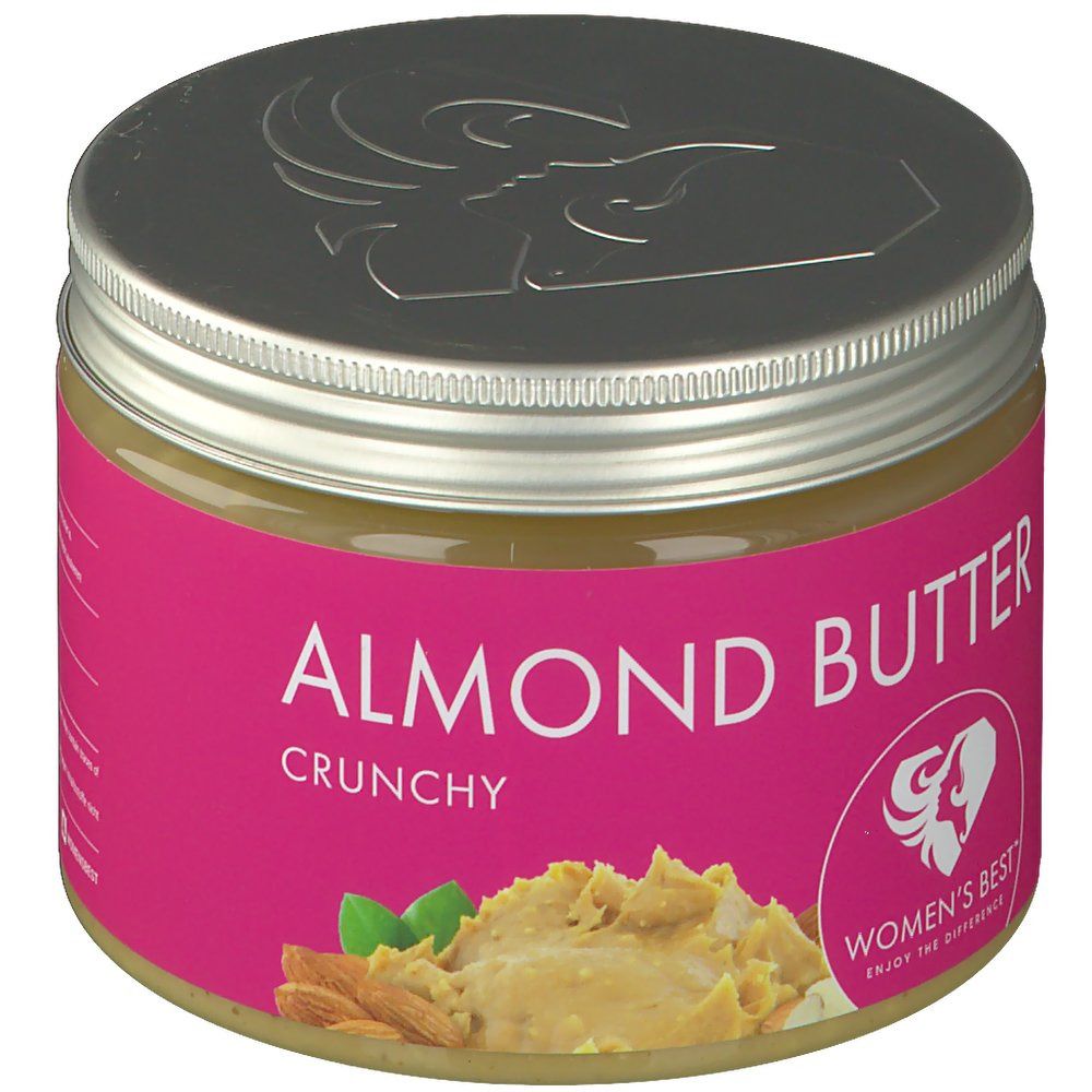 Glas mit Mandelbutter. Rosa Etikett mit Schriftzug "ALMOND BUTTER CRUNCHY". Logo von Women's Best. Mandeln und Butter abgebildet.