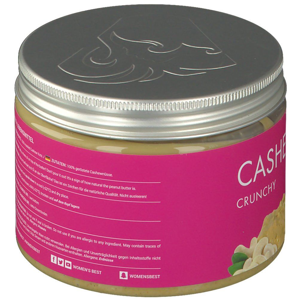 Glas mit Cashew-Butter, Rückseite. Rosa Etikett mit Text und Logo. Informationen zu Zutaten und Haltbarkeit.