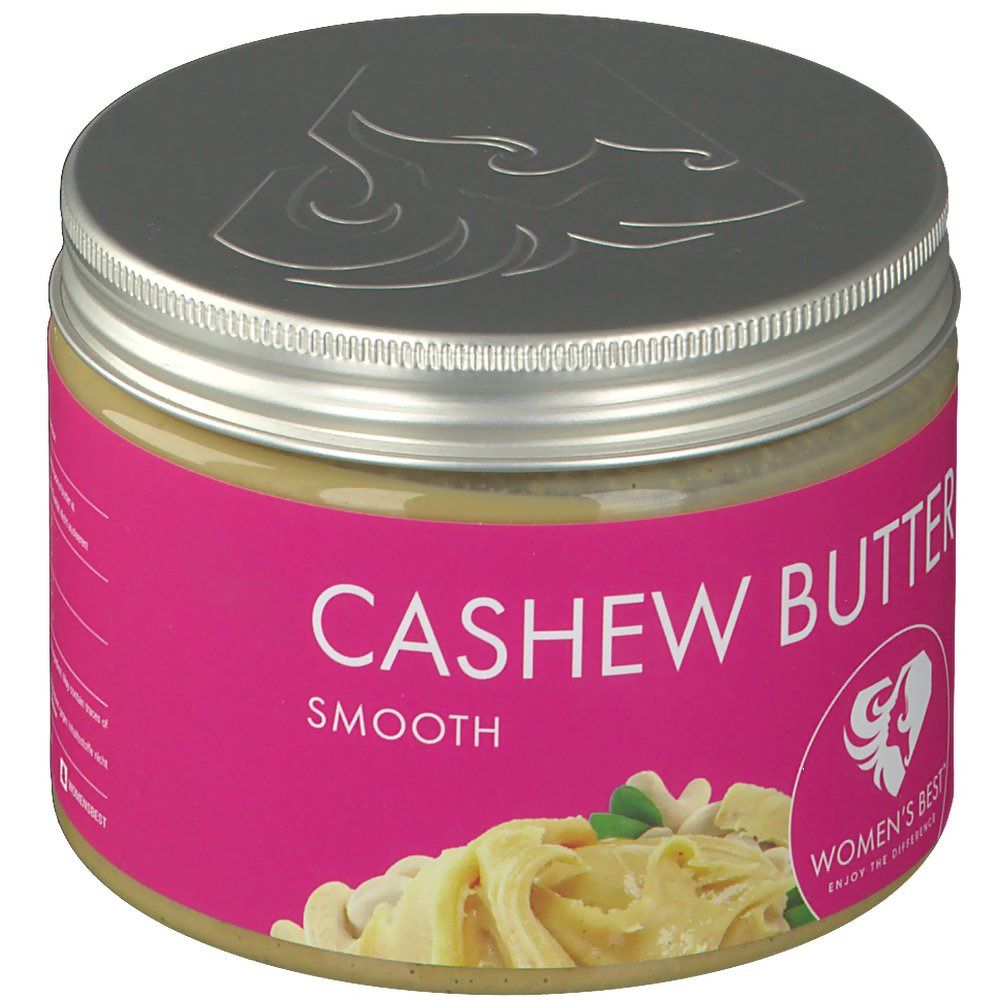 Glas mit Cashew Butter. Rosa Etikett mit Schriftzug "CASHEW BUTTER SMOOTH" und Logo. Unten Cashew-Nüsse.