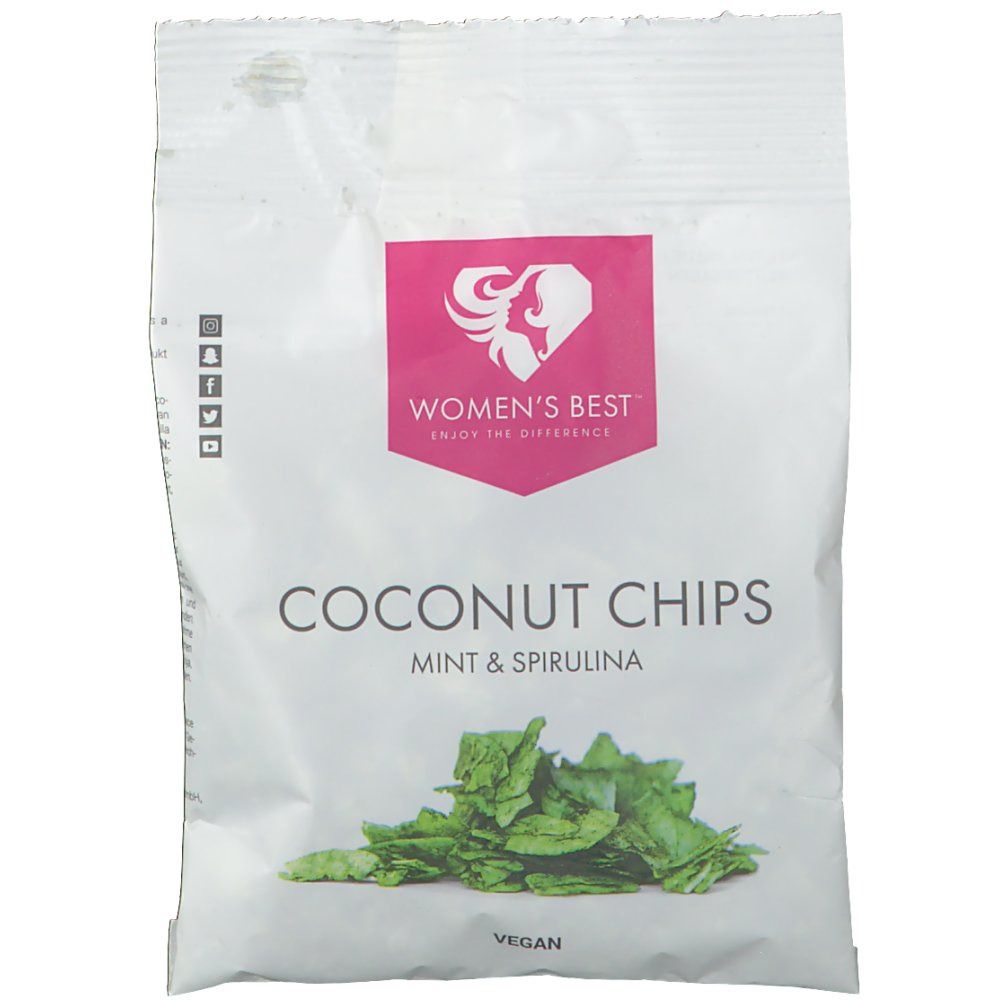 Verpackung Kokoschips mit Logo. Text: COCONUT CHIPS, MINT & SPIRULINA. Vegan. Rosa Logo mit Frauenprofil. Weiße Tüte.