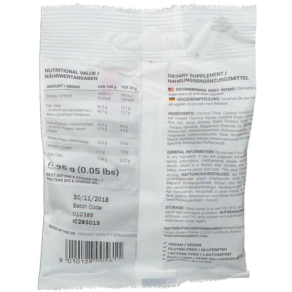 Rückseite der Verpackung. Text: NÄHRWERTANGABEN, INHALTSSTOFFE, VEGAN/VEGAN, GLUTENFREI/GLUTENFREI, LAKTOSEFREI/LAKTOSEFREI. Barcode.