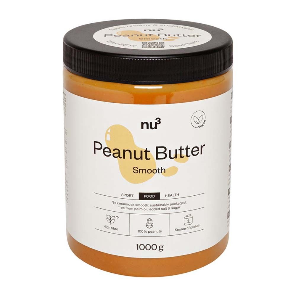 Glas nu3 Erdnussbutter Smooth. Schwarzer Deckel, weißes Etikett mit Produktinformationen. 1000g.