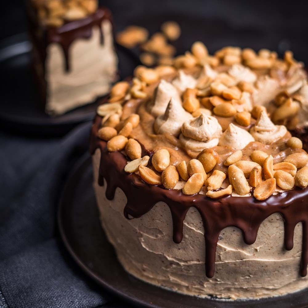 Kuchen mit Erdnussbutter und Schokoladenüberzug. Mit Erdnüssen belegt. Auf einem Teller.