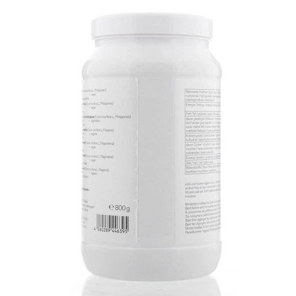Weißes Produktglas, Seitenansicht. Enthält Nährwertangaben und Informationen in mehreren Sprachen. E 800g.