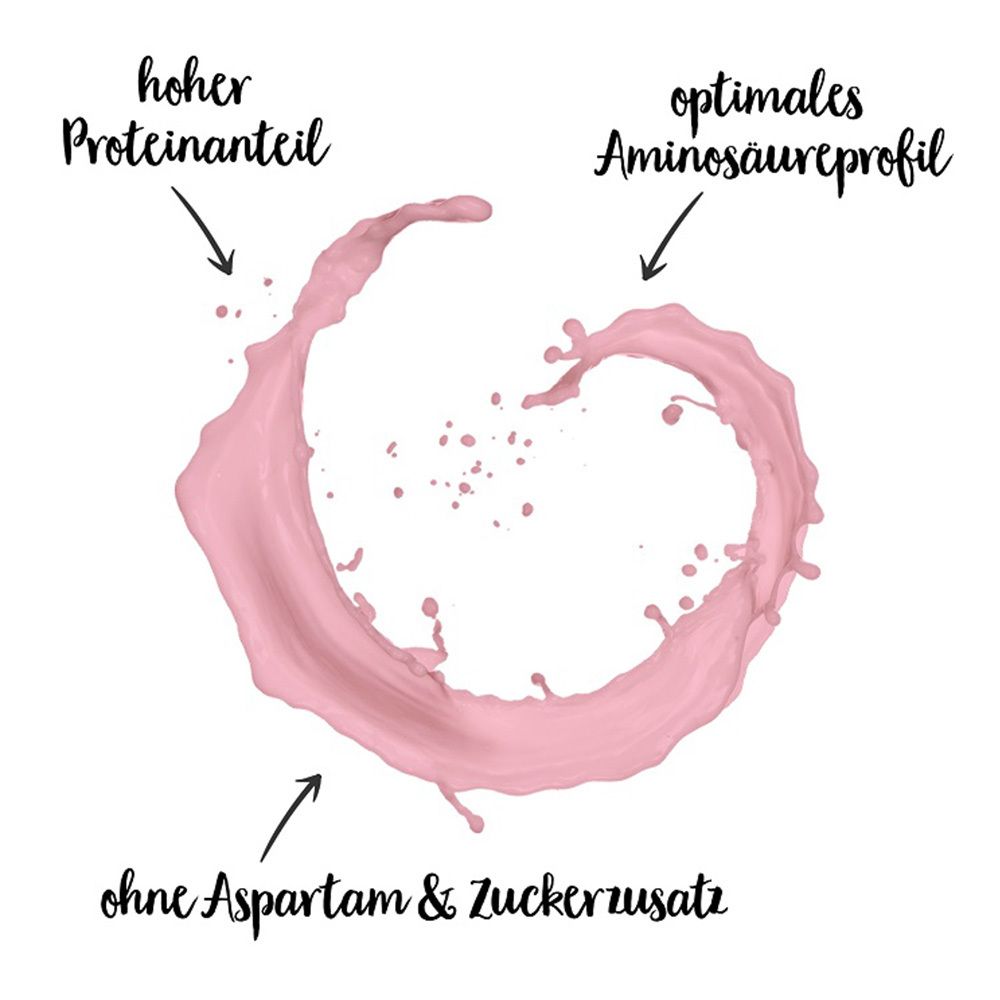 Rosa Flüssigkeitsspritzer in Herzform. Beschriftung: hoher Proteinanteil, optimales Aminosäureprofil, ohne Aspartam & Zuckerzusatz.