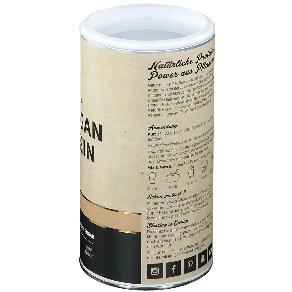 Dose "nu3 Premium Bio Vegan Protein" mit Text: Natürliche Protein-Power aus Pflanzen. Anwendung, Nährwerttabelle, Mix & Match.