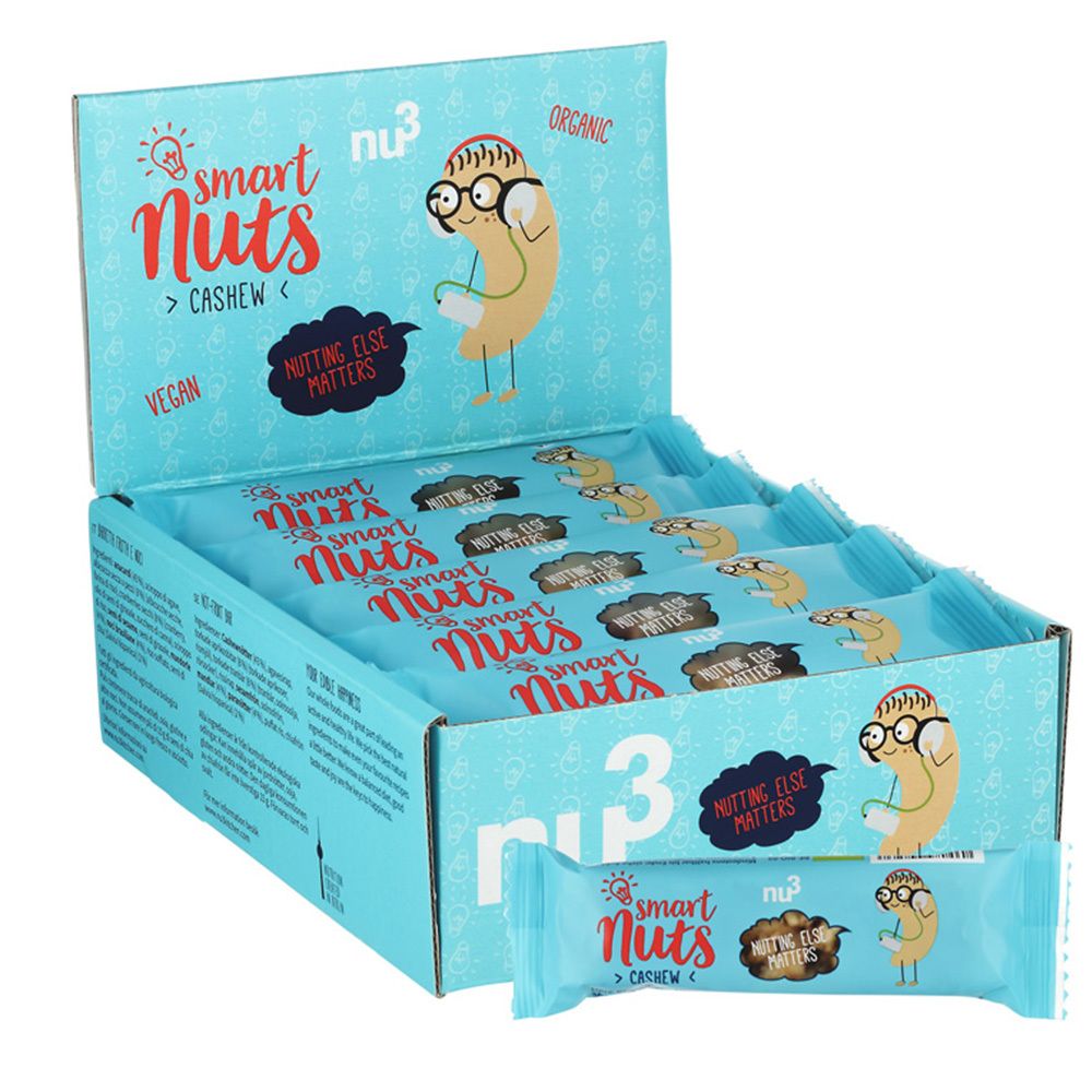 Boîte bleu clair avec barres "smart Nuts". Barre individuelle devant. Inscription : "Cashew", "Vegan", "Nothing else matters".