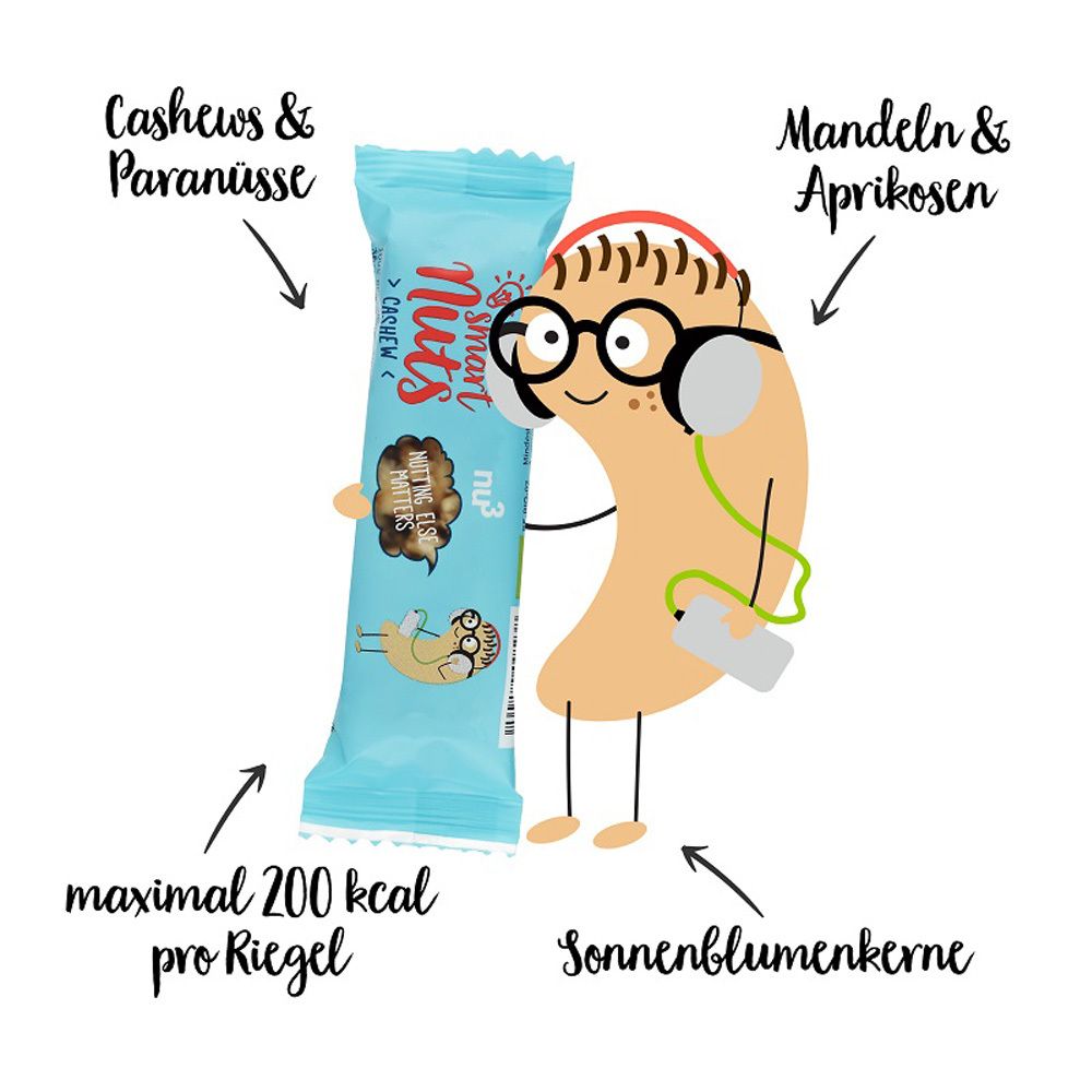 Dessin animé de noix de cajou avec casque et barre. Texte : "Cashews & Paranüsse", "Mandel & Aprikosen", "maximal 200 kcal pro Riegel".