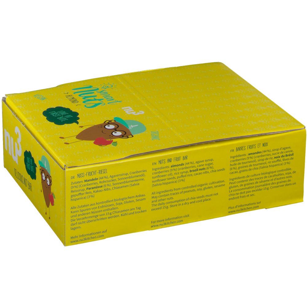 Boîte jaune de barres nu3 Smart Nuts Almond. Inscriptions : "Smart Nuts", "Vegan". Texte en allemand et français. Liste des ingrédients.