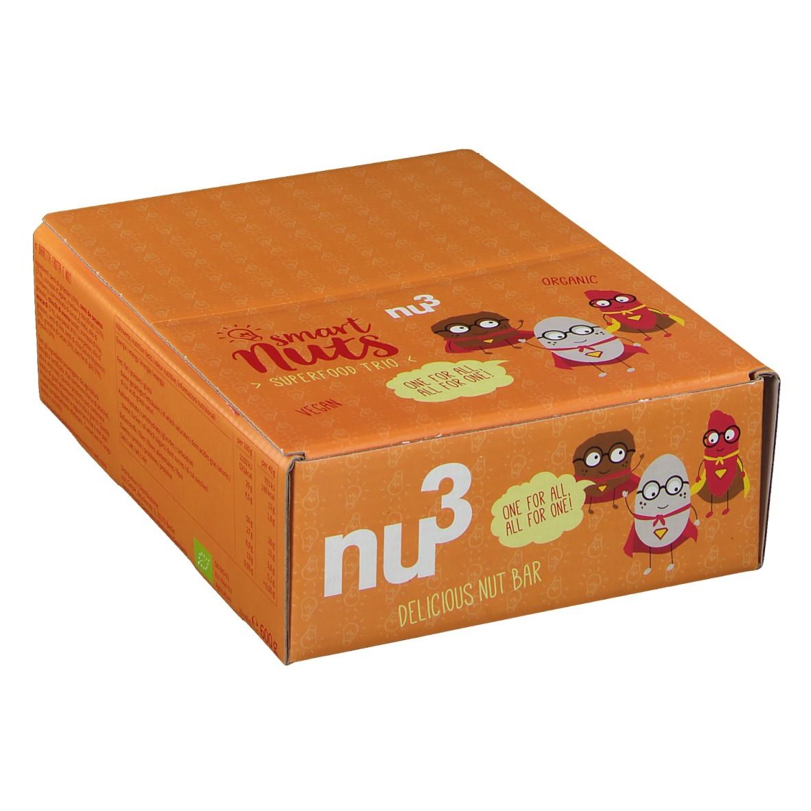 Geschlossene orangefarbene Schachtel mit nu3 Smart Nuts. Aufdruck: Smart Nuts, Superfood Trio, vegan, Delicious Nut Bar.