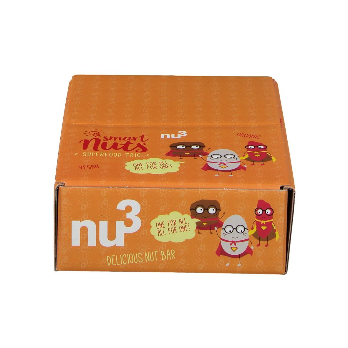 Geschlossene orangefarbene Schachtel mit nu3 Smart Nuts. Aufdruck: Smart Nuts, Superfood Trio, vegan, Delicious Nut Bar.