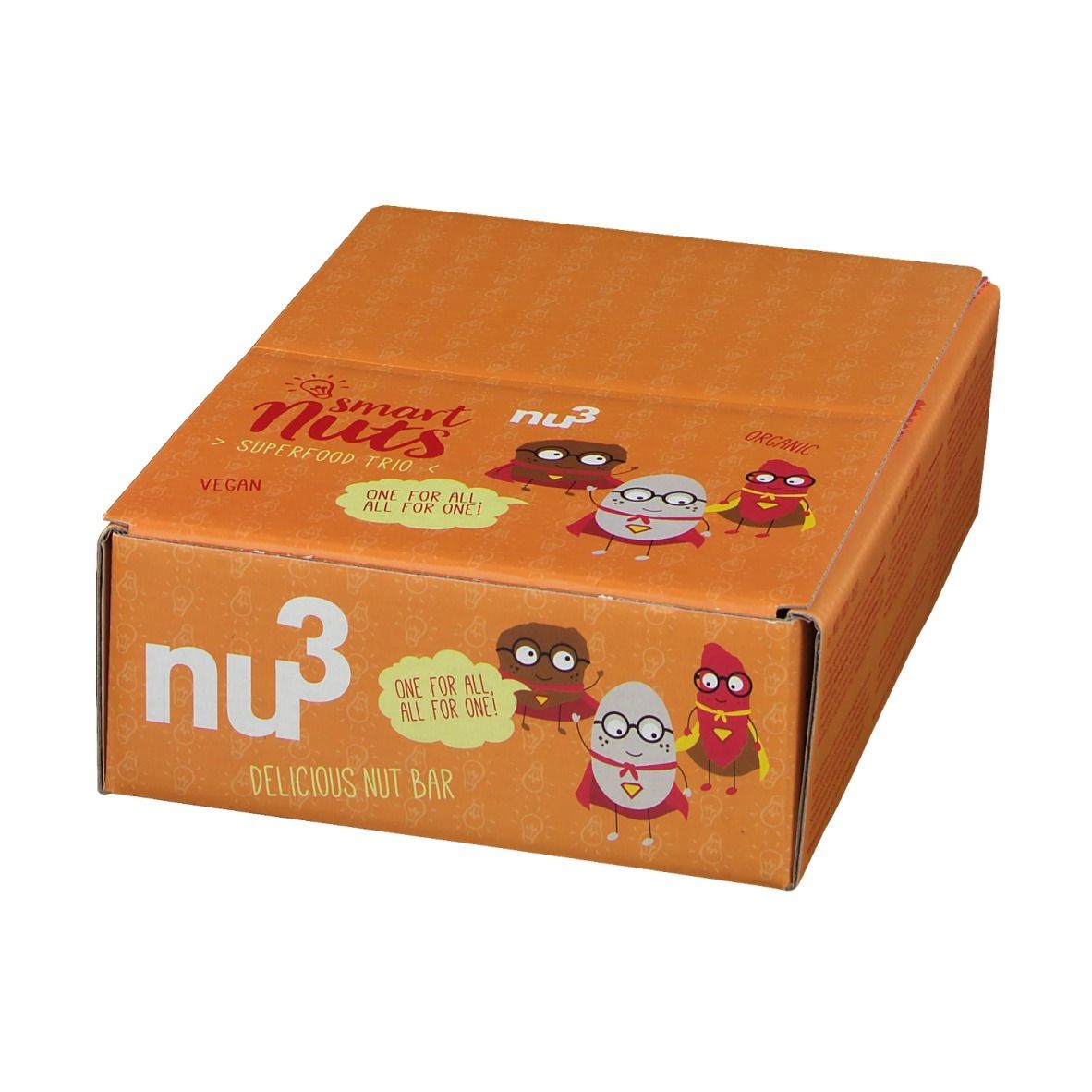Geschlossene orangefarbene Schachtel mit nu3 Smart Nuts. Aufdruck: Smart Nuts, Superfood Trio, vegan, Delicious Nut Bar.