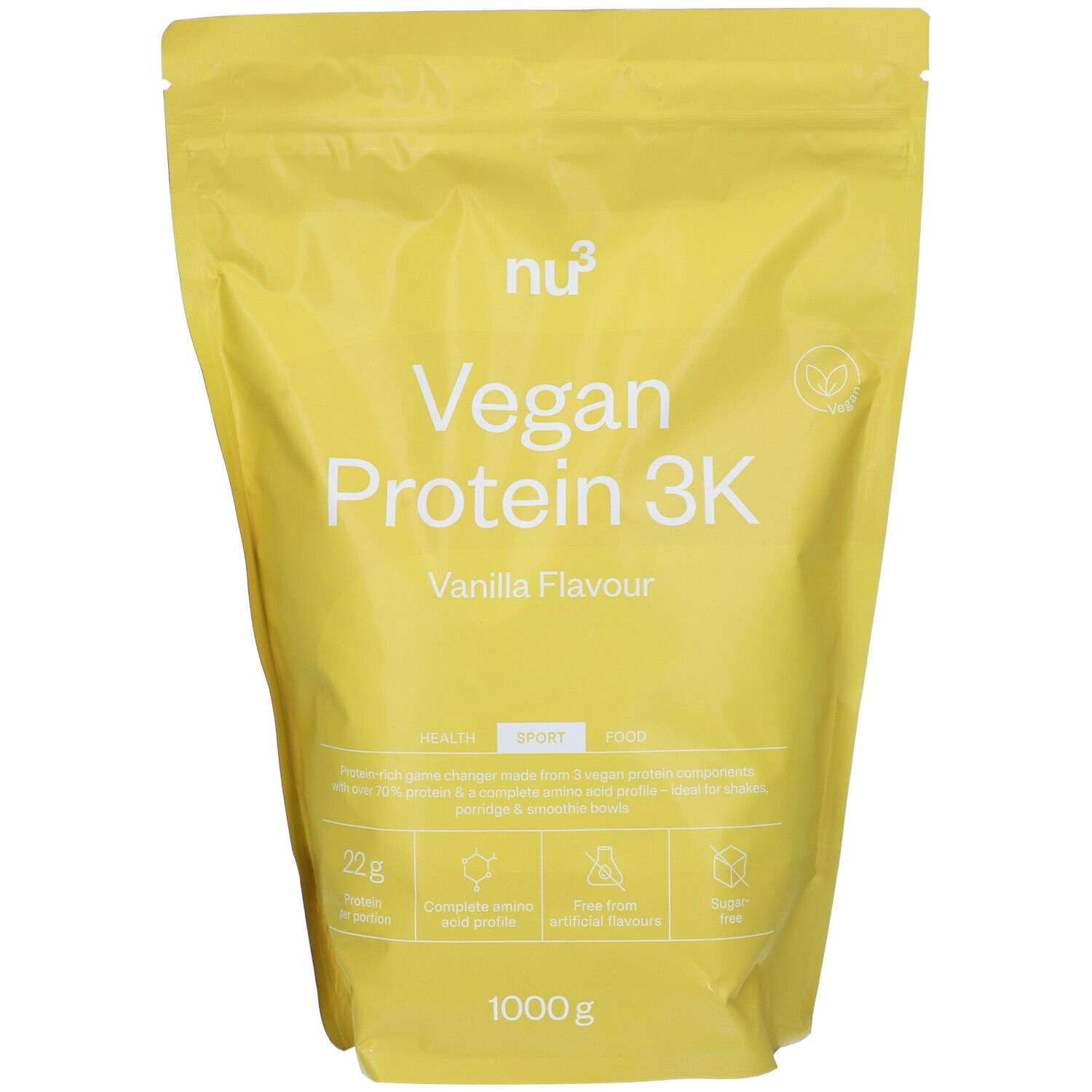 Gelbe Verpackung mit Aufschrift "nu3 Vegan Protein 3K Vanille". Enthält 1000g. Aufdrucke: Vegan, Sport, 22g Protein, Aminosäuren, ohne Aromen, Zuckerarm.