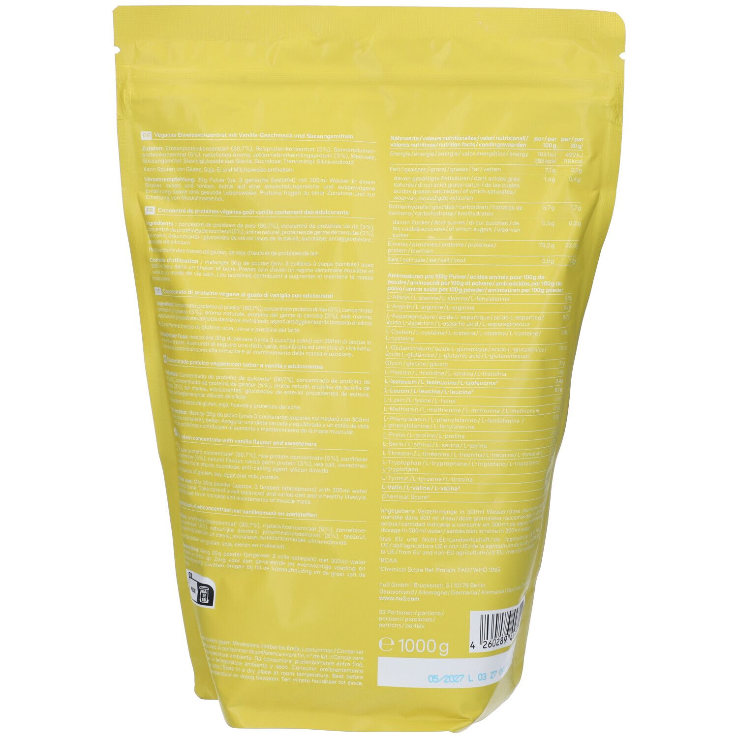 Rückseite der gelben Verpackung "nu3 Vegan Protein 3K Vanille". Text in deutscher Sprache. Enthält 1000g. Mit Barcode und Mindesthaltbarkeitsdatum.