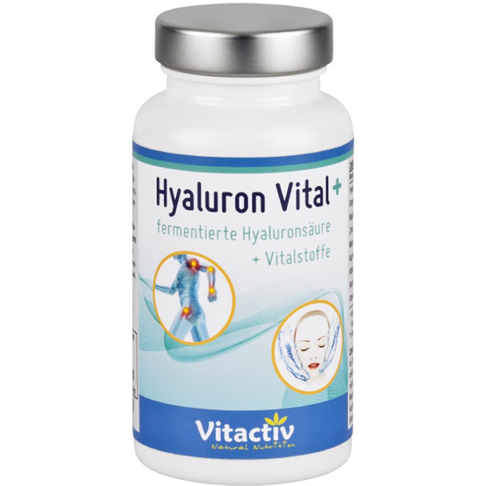 Weiße Flasche mit silbernem Deckel. Aufschrift: Hyaluron Vital+. Illustrationen von Gelenken und Gesicht.