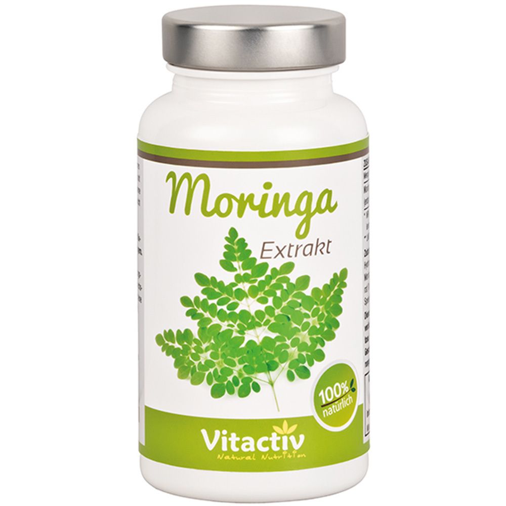 Weiße Flasche mit silbernem Deckel. Aufschrift: Moringa Extrakt, Vitactiv. Grünes Blattmotiv und 100% natürlich.