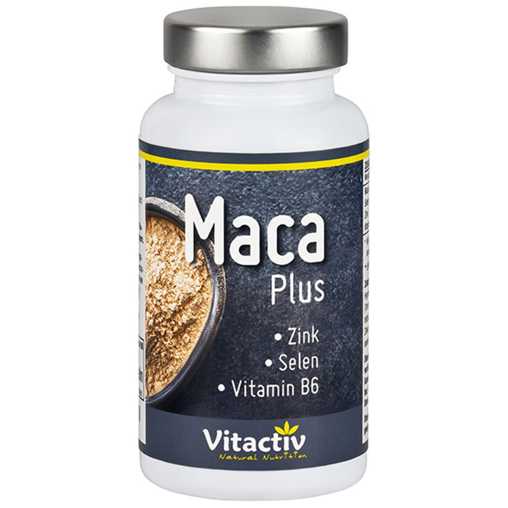 Weiße Flasche mit silbernem Deckel. Aufschrift: Maca Plus, Zink, Selen, Vitamin B6. Marke: Vitactiv.