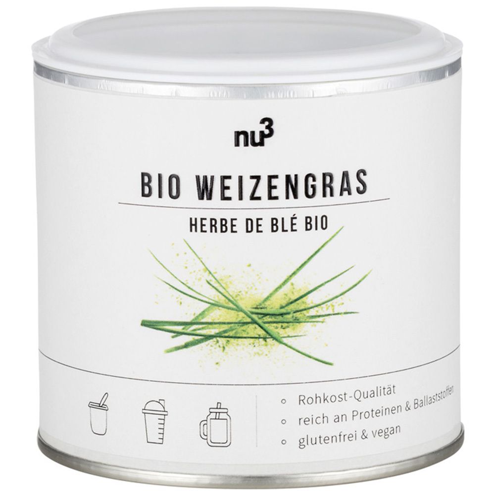 Weizengras-Pulverdose mit Deckel. Aufschrift: nu3 BIO WEIZENGRAS. Zusatz: Rohkost-Qualität, reich an Proteinen & Ballaststoffen, glutenfrei & vegan.