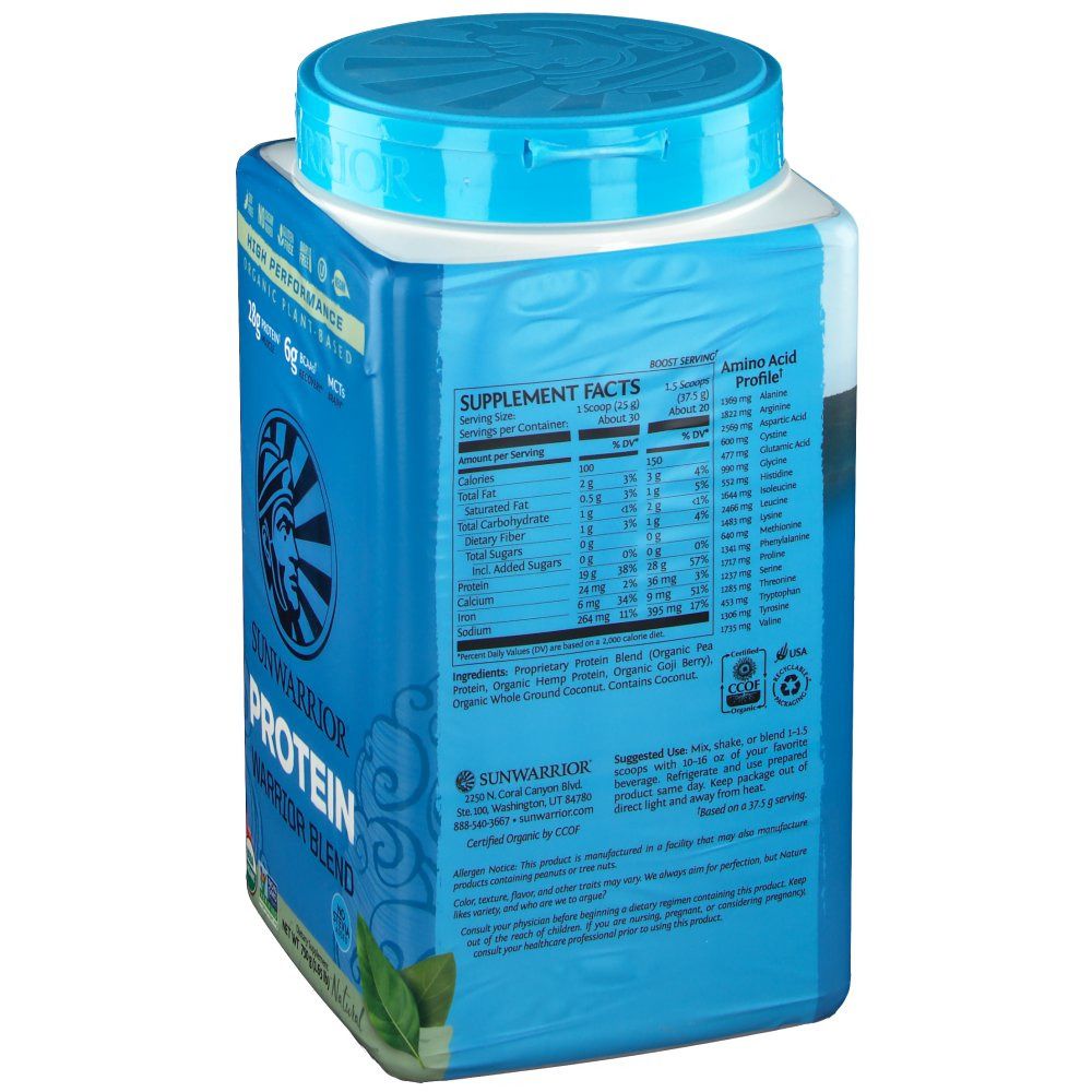 Rückseite der Dose SUNWARRIOR Protein Warrior Blend. Nährwertangaben und Aminosäureprofil. USDA Organic Siegel.
