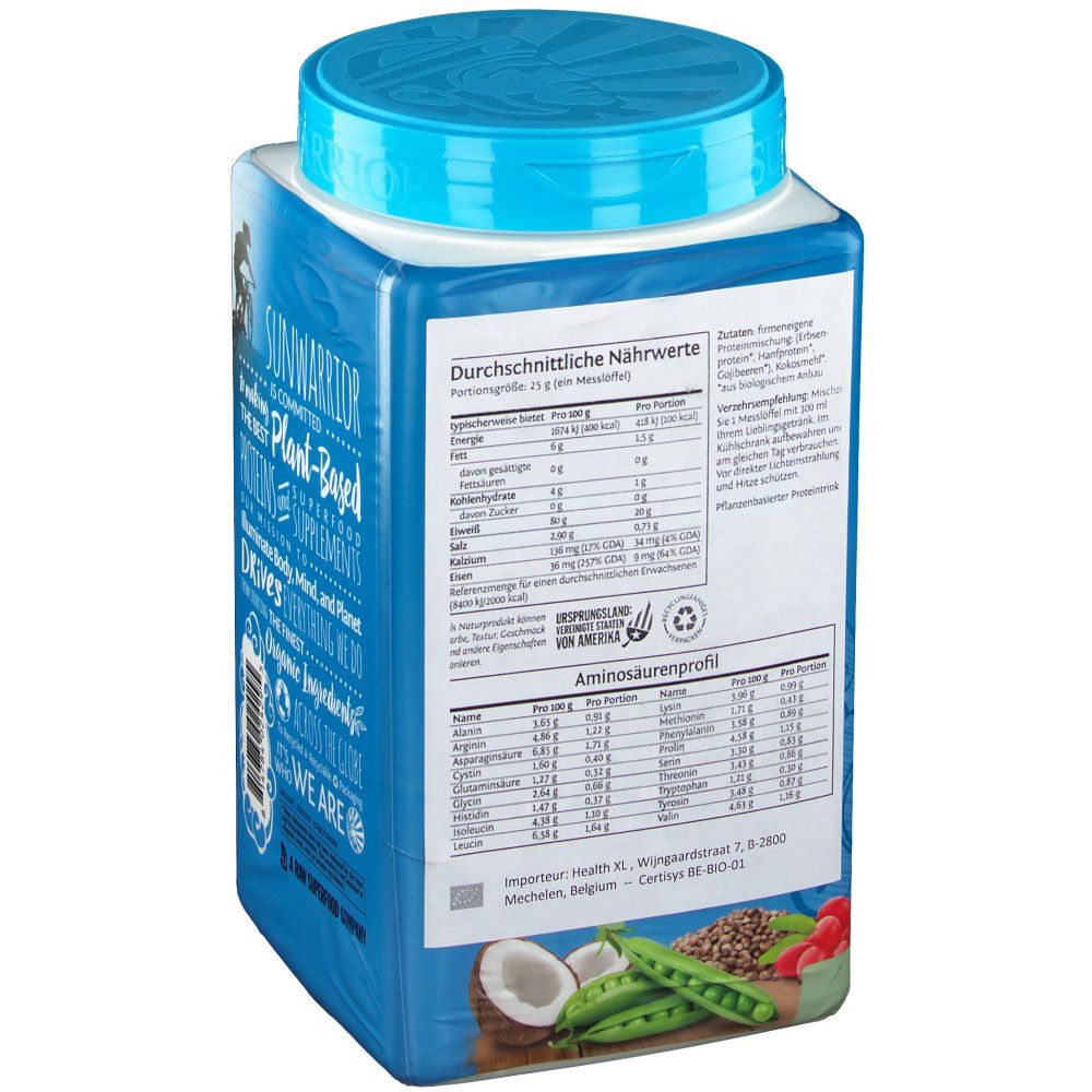 Rückseite der Dose SUNWARRIOR Protein Warrior Blend. Nährwertangaben und Aminosäureprofil. Zutaten abgebildet.