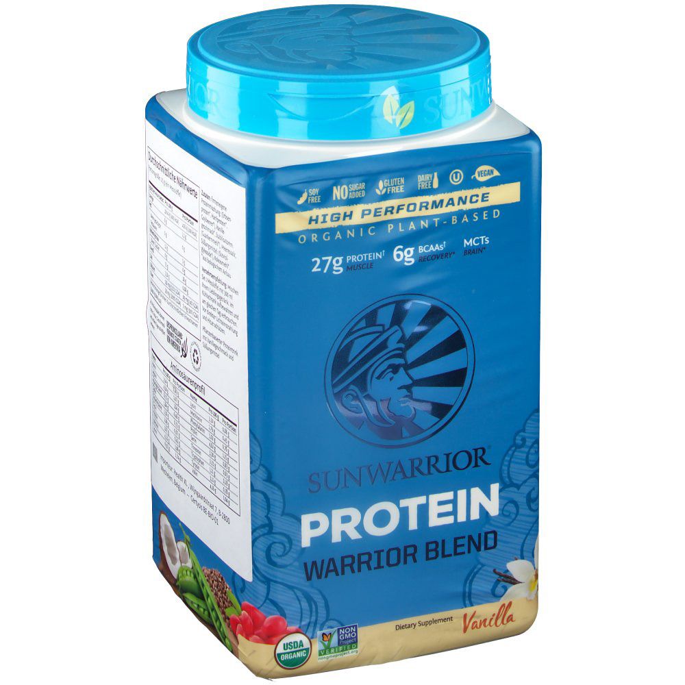 Blau-weiße Dose mit Sunwarrior Protein Warrior Blend. Aufschrift: High Performance, Organic Plant-Based, 27g Protein, 6g BCAAs, Vanille.