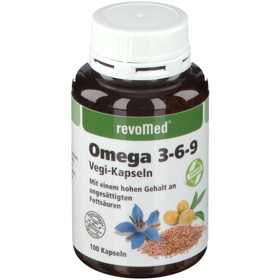 Braune Kapsel-Dose mit weißem Deckel. Aufschrift: revoMed Omega 3-6-9 Vegi-Kapseln. 100 Kapseln. Vegan-Siegel.