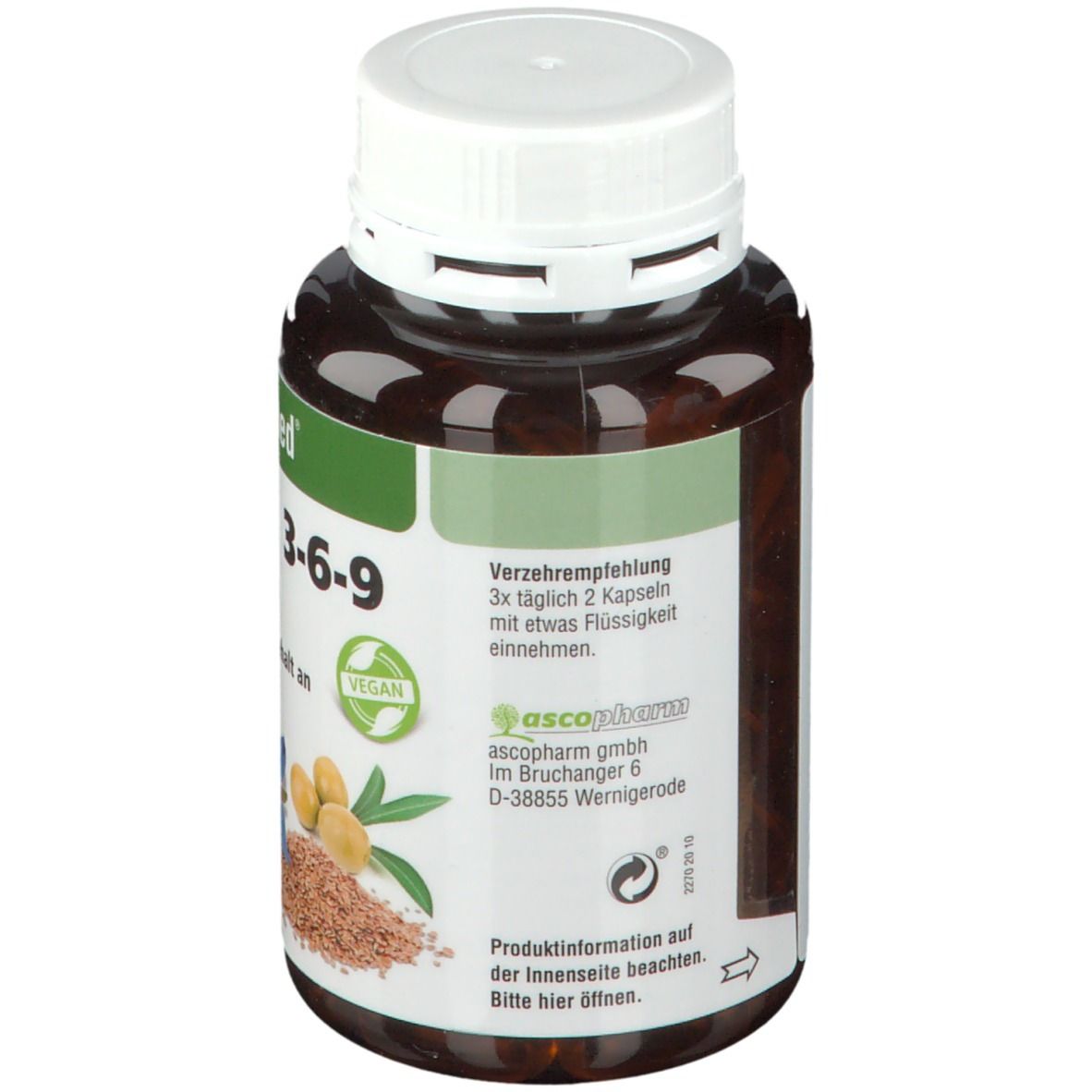 Braune Kapsel-Dose mit weißem Deckel. Aufschrift: revoMed Omega 3-6-9 Vegi-Kapseln. Vegan-Siegel. Dosierungsempfehlung.