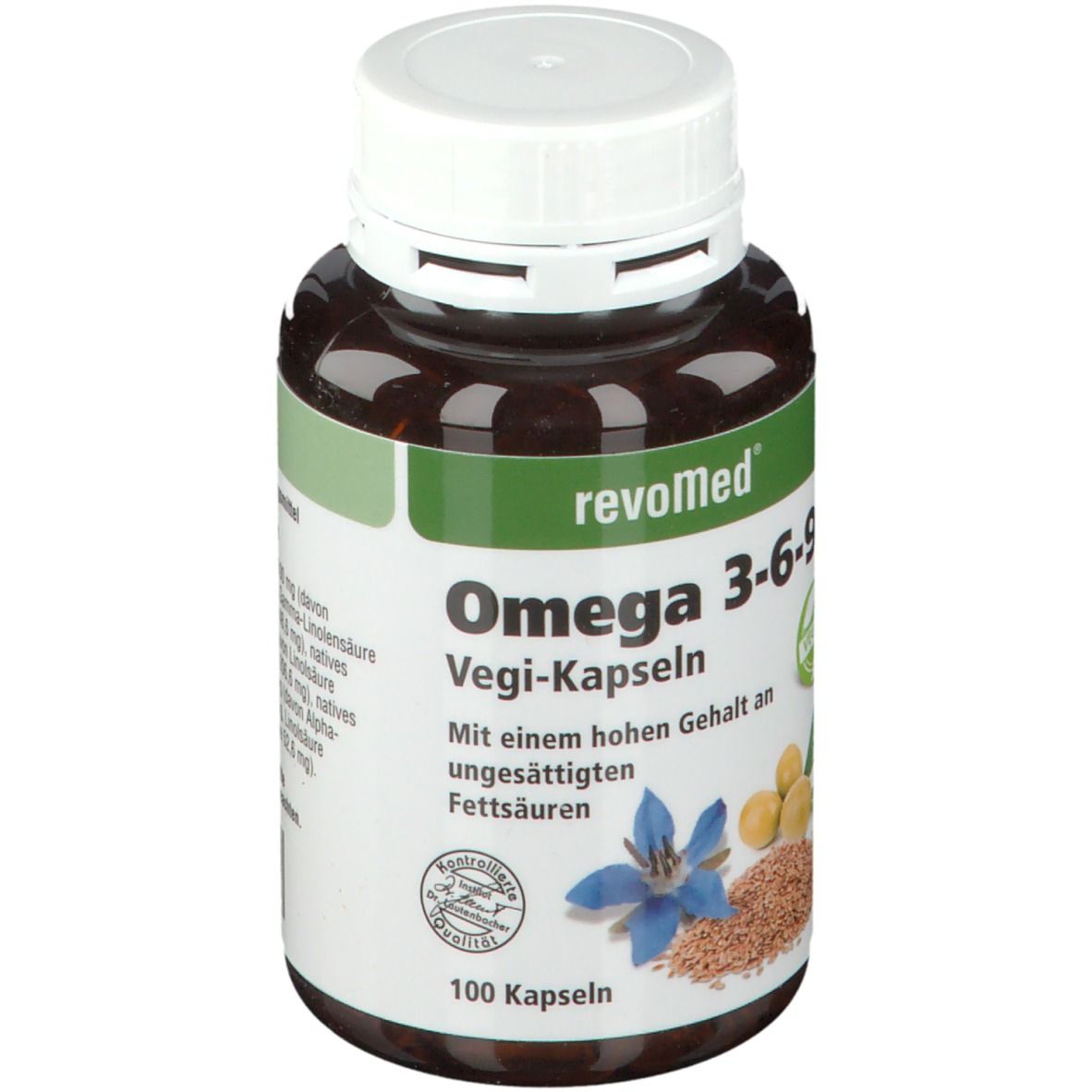Braune Kapsel-Dose mit weißem Deckel. Aufschrift: revoMed Omega 3-6-9 Vegi-Kapseln. 100 Kapseln. Vegan-Siegel.