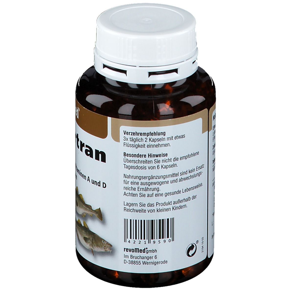 Braune Kapsel-Dose mit weißem Deckel. Rückseite mit Text und Barcode. Fisch-Illustrationen.