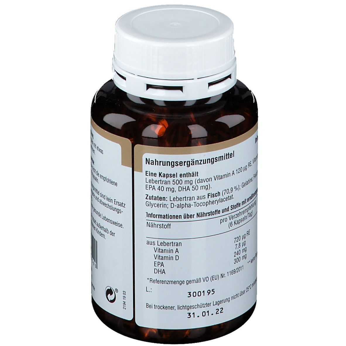 Braune Kapsel-Dose mit weißem Deckel. Detailansicht der Inhaltsstoffe und Nährwertangaben.