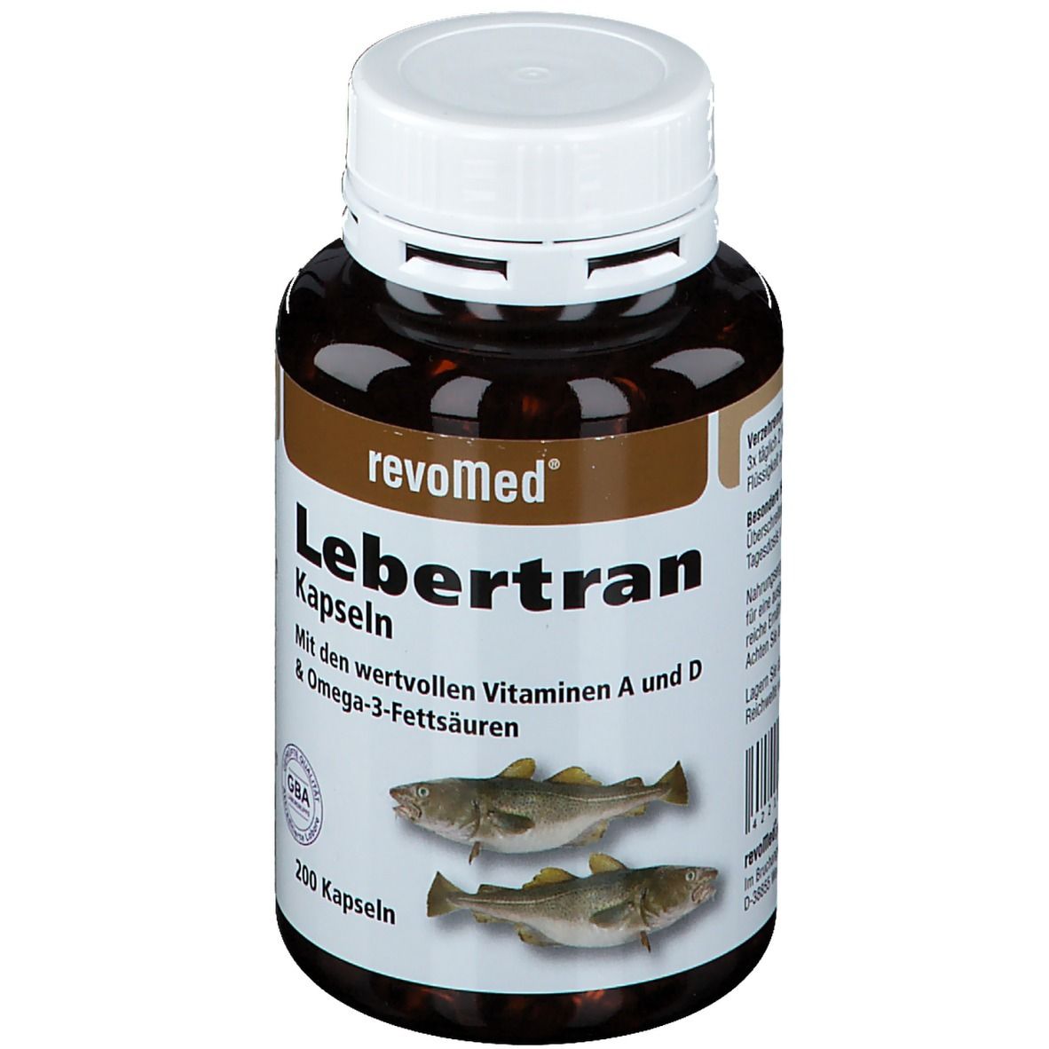Braune Kapsel-Dose mit weißem Deckel. Aufschrift 'revoMed Lebertran Kapseln'. Fisch-Illustrationen.
