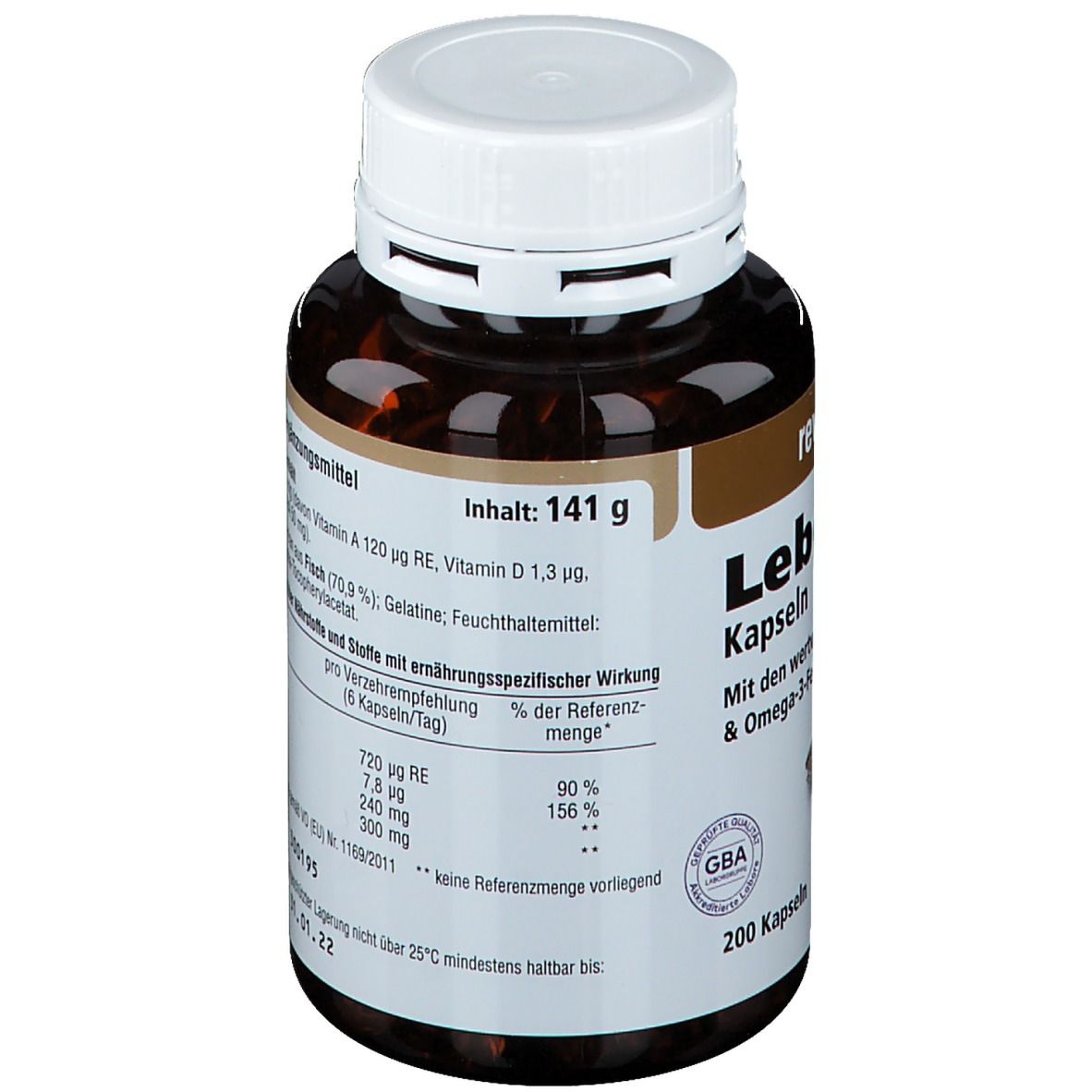 Braune Kapsel-Dose mit weißem Deckel. Detailansicht der Inhaltsstoffe und Nährwertangaben. GBA-Siegel.