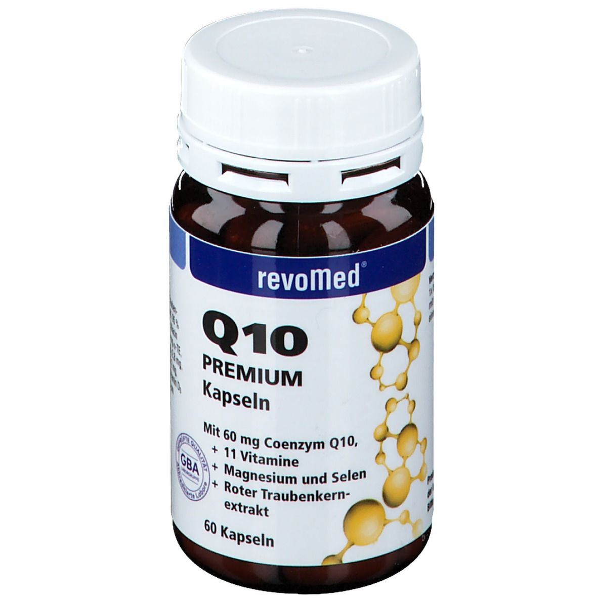 Braune Flasche mit weißem Deckel. Aufschrift: revoMed, Q10 PREMIUM Kapseln. Enthält 60 Kapseln.