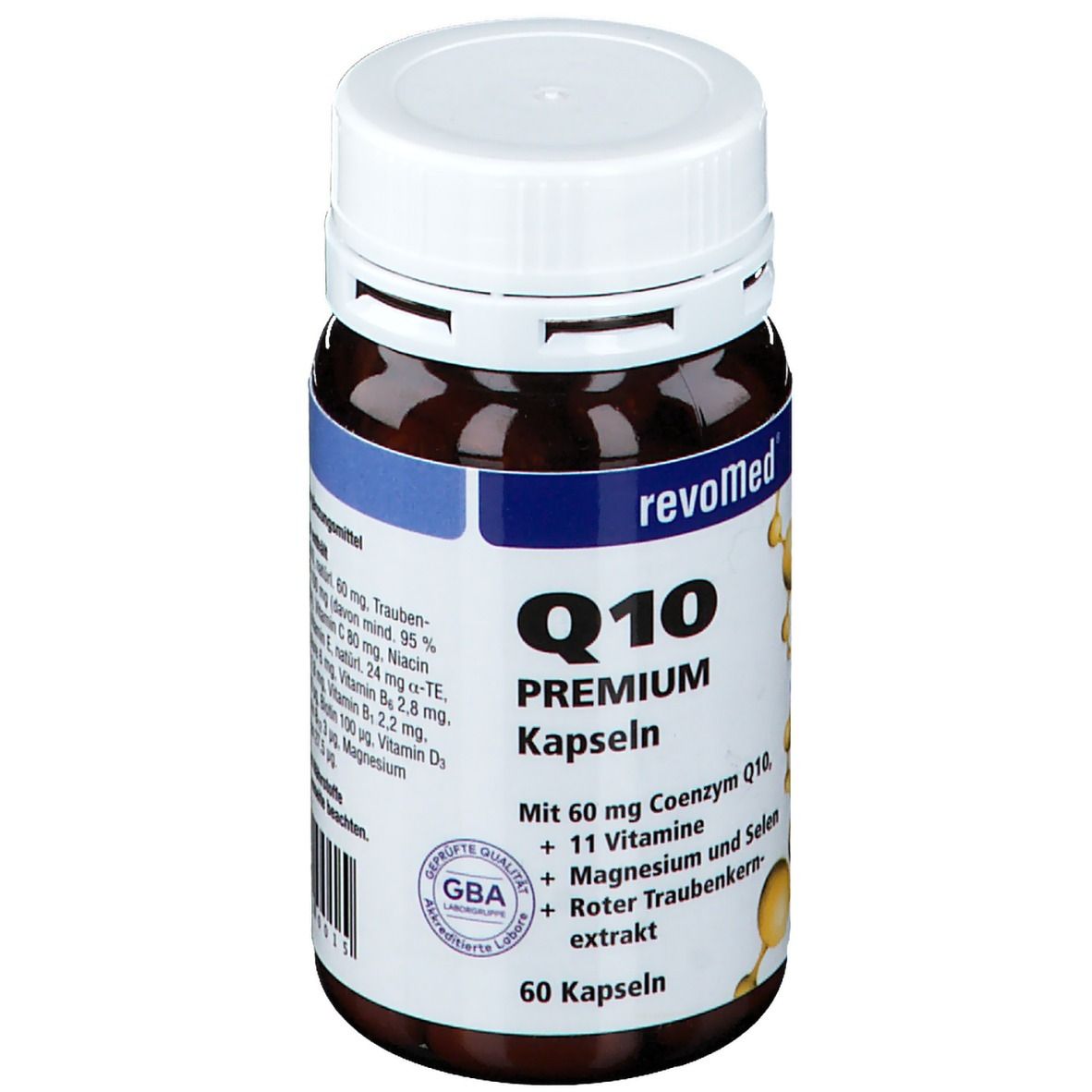Braune Flasche mit weißem Deckel. Aufschrift: revoMed, Q10 PREMIUM Kapseln. Enthält 60 Kapseln. Mit GBA-Siegel.