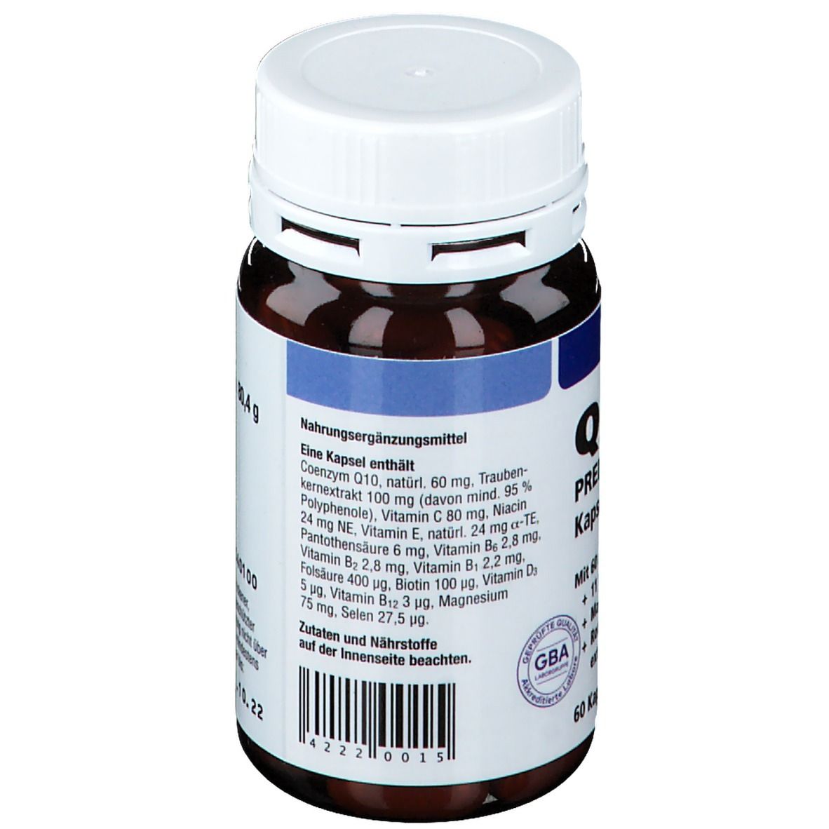 Braune Flasche mit weißem Deckel. Rückseite mit Nährwertangaben. Enthält Coenzym Q10, Vitamine und Mineralien.