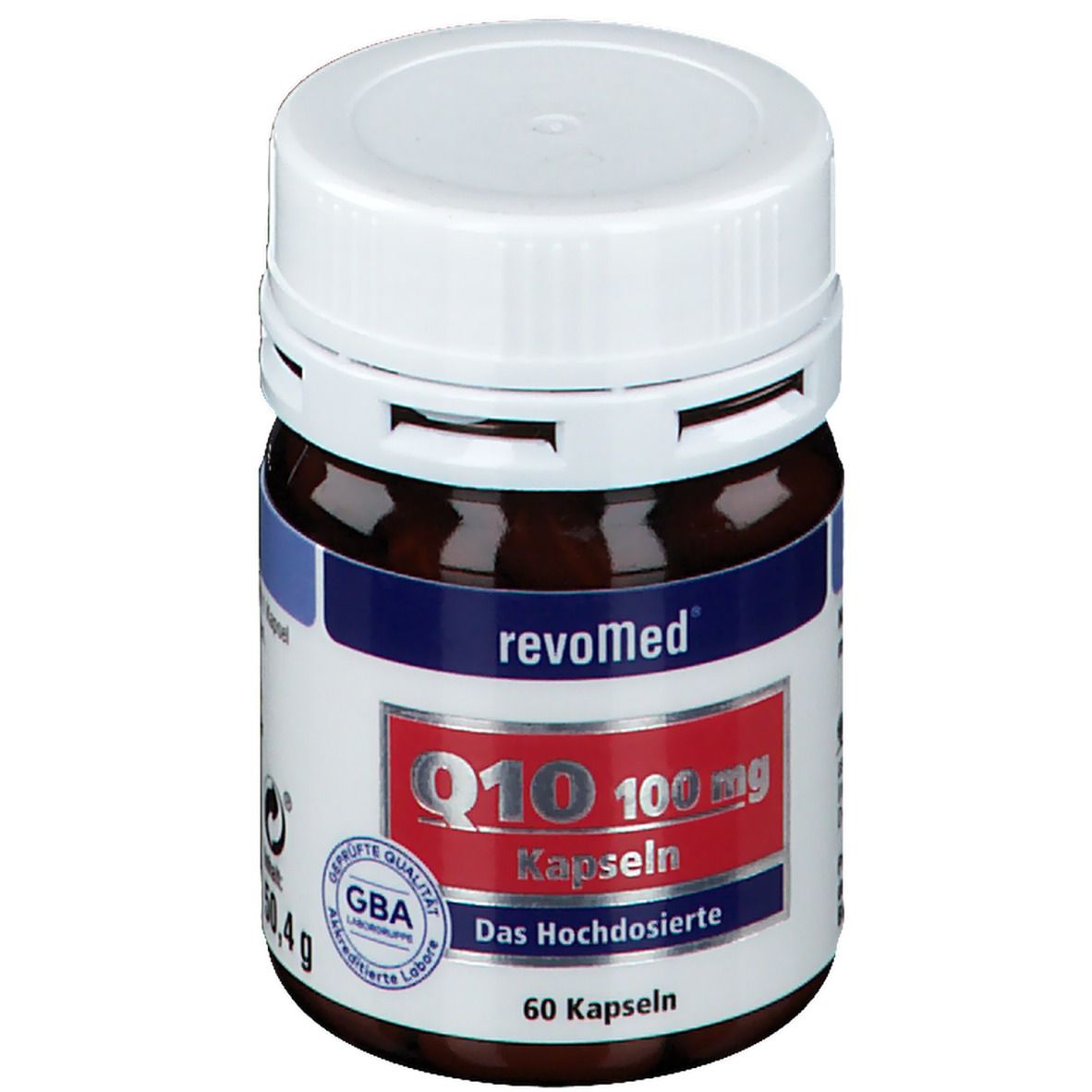 Braune Flasche mit weißem Deckel. Etikett mit "revoMed", "Q10 100 mg Kapseln", "60 Kapseln". GBA-Qualitätssiegel.