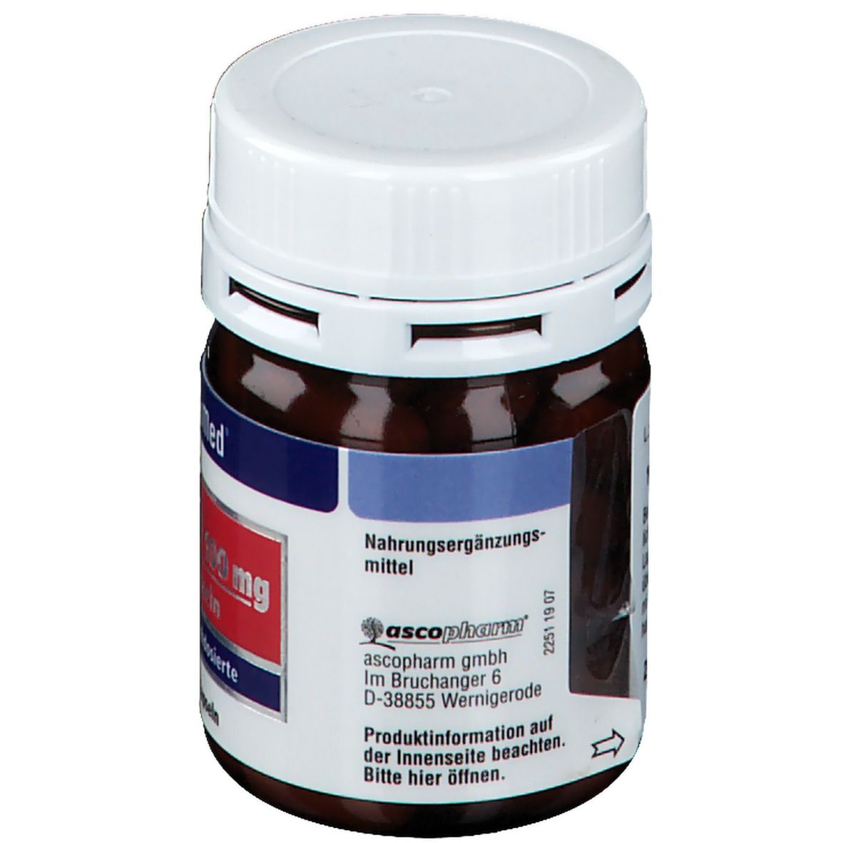 Braune Flasche mit weißem Deckel. Rückseite mit Text: "Nahrungsergänzungsmittel", "ascopharm gmbh". Pfeil: "Produktinformation auf der Innenseite beachten".