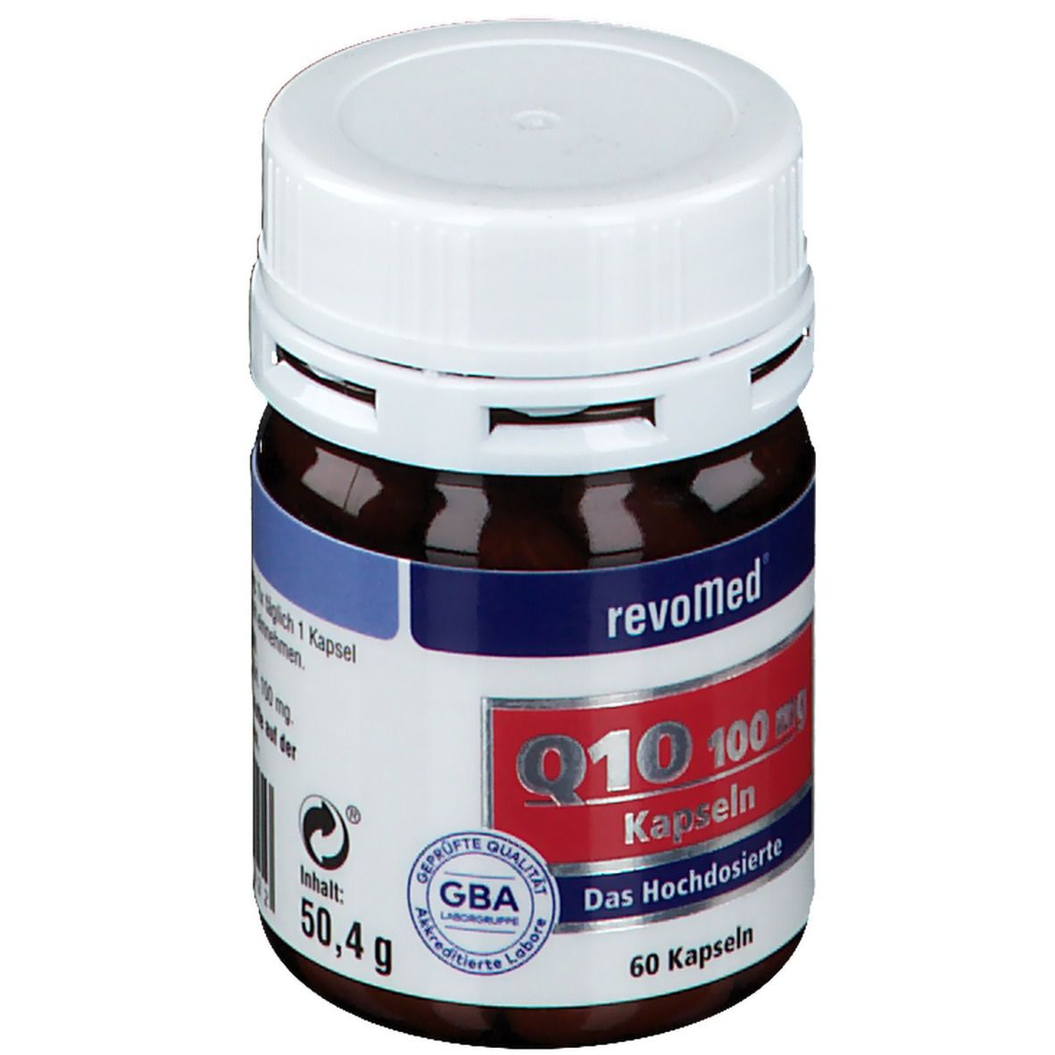 Braune Flasche mit weißem Deckel. Etikett mit "revoMed", "Q10 100 mg Kapseln", "60 Kapseln". GBA-Qualitätssiegel. Inhalt: 50,4 g.