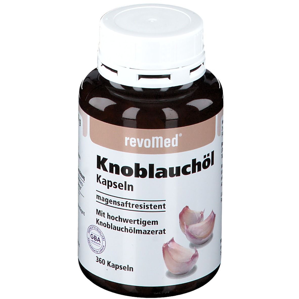 Braune Flasche mit weißem Deckel. Aufschrift: revoMed Knoblauchöl Kapseln. Abbildung von Knoblauchzehen.
