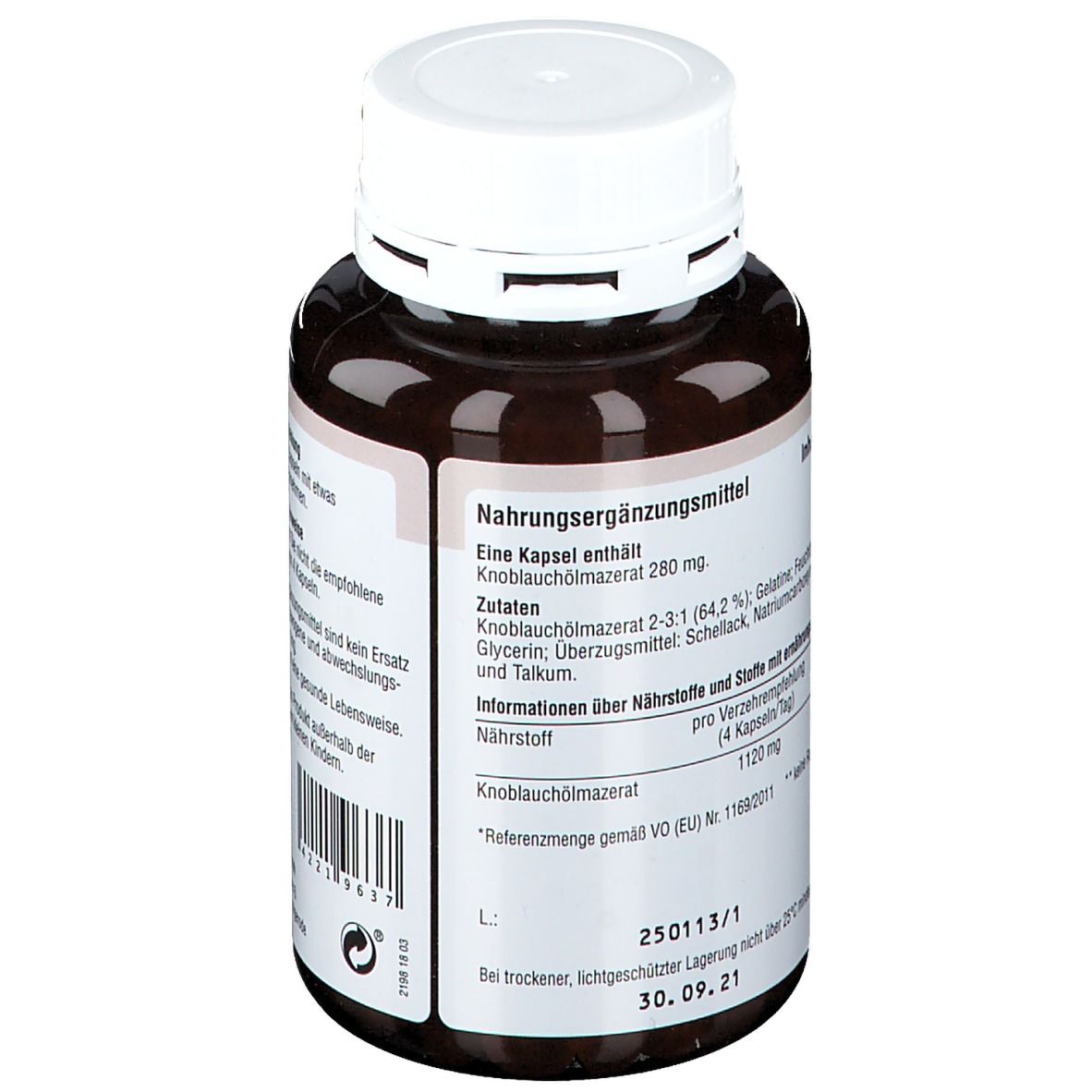 Rückseite der braunen Flasche mit weißem Deckel. Text: Nahrungsergänzungsmittel, Inhaltsstoffe, Chargennummer, MHD.